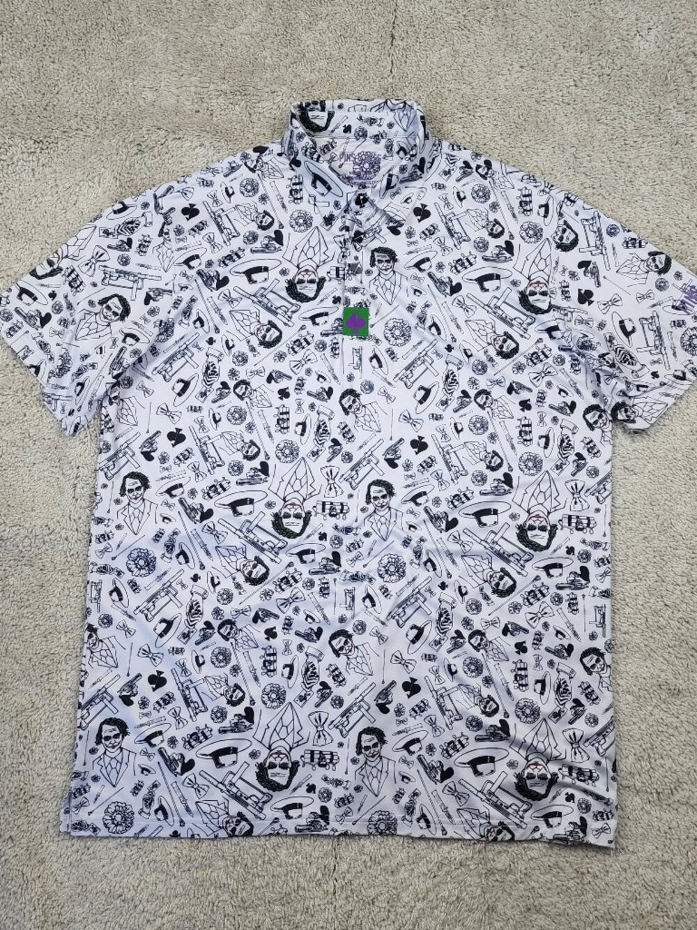 Pins & Aces Men’s XL Batman "Joker" Performance Stretch Golf Polo White Purple